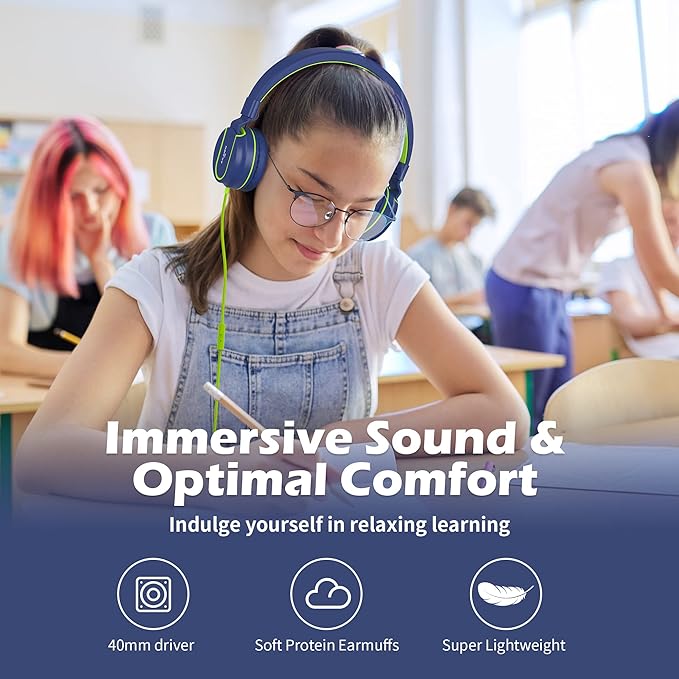 AILIHEN Kids Headphones, I35 On-Ear Headphones for School, Safe Volume 93dB, HD Mic Stereo Headphone for Kid Girls Boys, Foldable 3.5mm Wired for Chromebook, Laptop, Computer, Tablet (Blue Green)-CubbioJoy