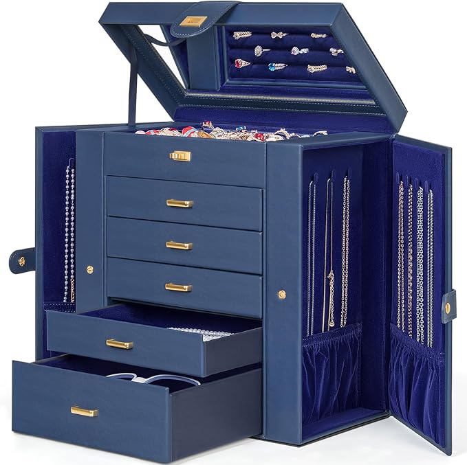 AKOZLIN Extra Large 6-Tier Jewelry Box Organizer Functional Huge, 5 Drawers Leather Jewelry Storage Case for Women Girls Ring Necklace Earring Bracelet Holder Organizer with Mirror Blue-CubbioJoy