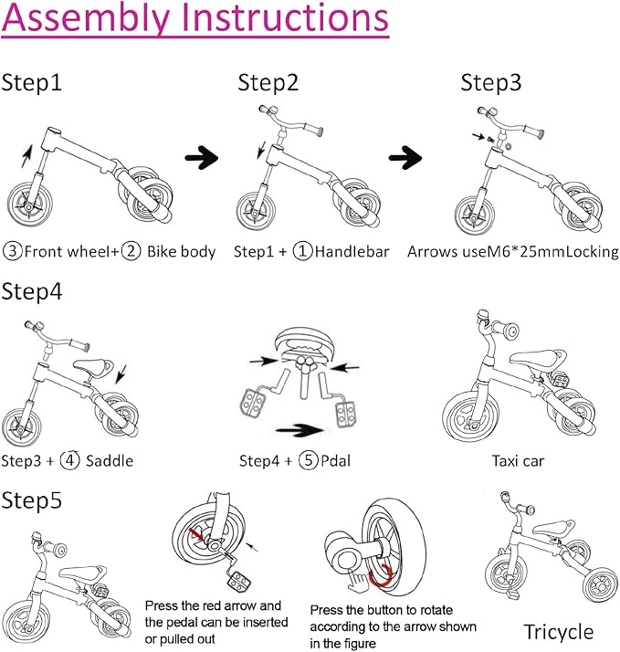 Ancaixin 3 in 1 Toddler Tricycles for 2-5 Years Old Girls and Boys with Adjustable Seat Detachable Pedal and Bell | Foldable Baby Balance Bike Riding Toys | Kids Birthday Christmas New Year Gift Pink-CubbioJoy