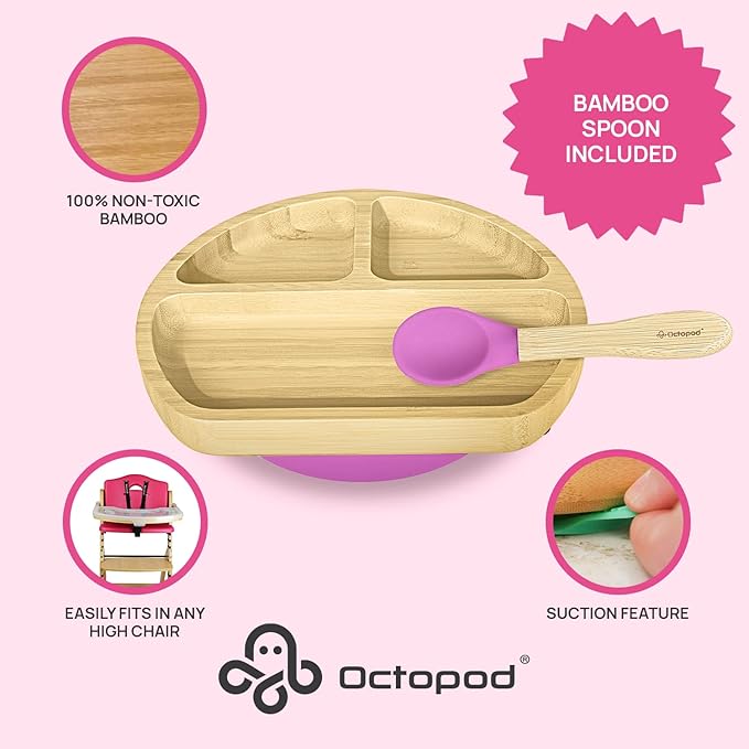 Abiie Octopod Bamboo Dish - Kids Plates for 4 months and up, 3-Compartment Baby Plates with Suction, Triangle Bamboo Baby Plate, Mess-Free Toddler Suction Plates, Baby Feeding Supplies, 8.3x1.9x7.7 in-CubbioJoy