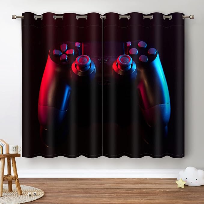 Jekeno Game Controller Blackout Curtains for Kids Boys Teens Bedroom Colorful Video Game Gamer Gaming Gamepad Decor for Home Living Room Grommet Window Drapes 2 Panel Set, 52"x84"-CubbioJoy