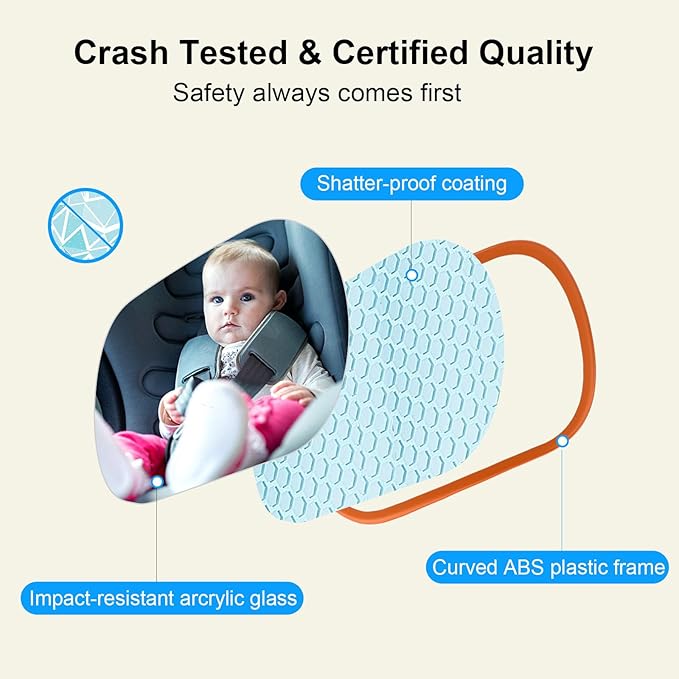Baby Car Mirror, Safety Car Seat Mirror for Rear Facing Infant, Clear Wide View, 360°Rotation, Easily Observe the Baby Move, Secure, Shatterproof, Crash Tested and Certified(Orange)-CubbioJoy