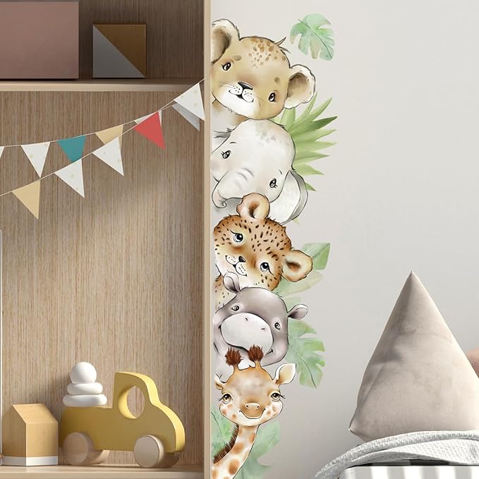 55.12 x 15.75 InchWatercolor Jungle Animal Wall Decals Tiger Elephant Zebra Giraffe Hippo Forest Wall Stickers Removable Peel and Stick Stickers for Baby Nursery Playroom Bedroom Classroom-CubbioJoy