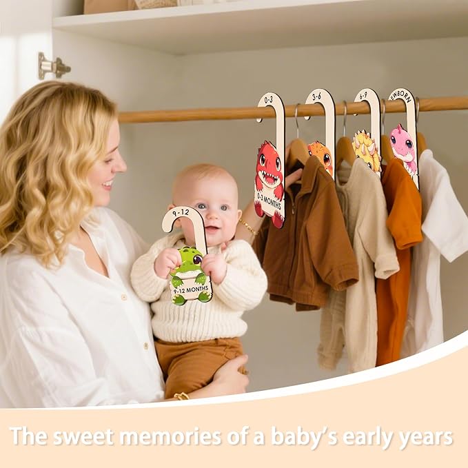 Baby Clothes Dividers for Closet - Wooden Baby Size Closet Dividers Newborn to 24 Months, Unique Dinosaur Design Babies Clothes Organizer for Nursery Decor Gender-Neutral Newborn Hangers (Set of 8)-CubbioJoy