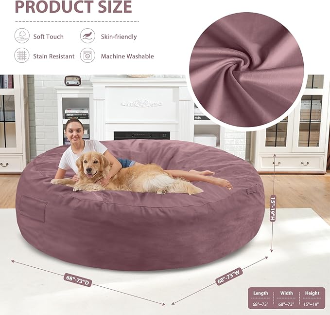 7FT Bean Bag Chair, Large Bean Bag Chairs with Memory Foam Filled, Fluffy Beanbag Sofa with Dutch Velvet Cover, Round BeanBag Chairs for Living Room, Playroom - Dusty Pink-CubbioJoy