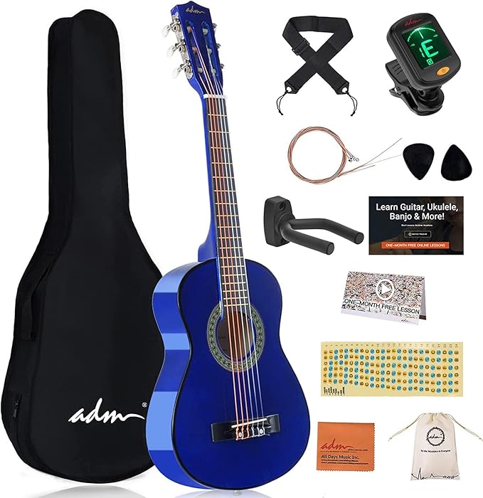 ADM Beginner Acoustic Classical Guitar 30 Inch Nylon Strings Wooden Guitar Bundle Kit for Kid Boy Girl Student Youth Guitarra Online Lessons with Gig Bag, Strap, Tuner, Extra Strings, Picks,Blue-CubbioJoy