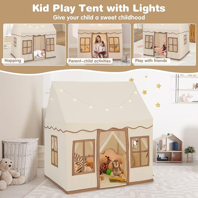 INFANS Kids Play Tent with Washable Mat Star Light Windows, Anti-Trip Large Playhouse Toys for Children Boys Girls, Indoor Outdoor Princess Tents Castle for Toddlers (Beige)-CubbioJoy