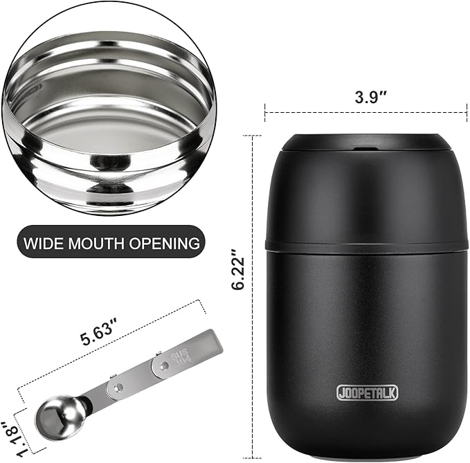 17 oz Insulated Lunch Containers, Black, Vacuum Stainless Steel Thermo Lunch Box with Handle and Folding Spoon for School, Office, Travel-CubbioJoy