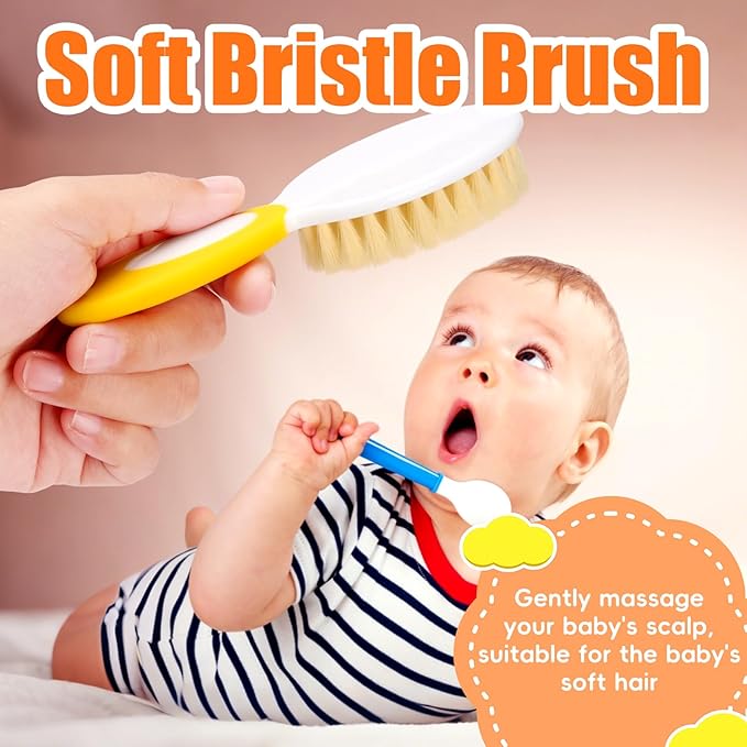 Baby Hair Brush and Comb Set, 4Pcs Baby Soft Bristles hairbrush Cradle Cap Brush Hair Comb for Newborns Toddlers Boys Girls (Yellow)-CubbioJoy