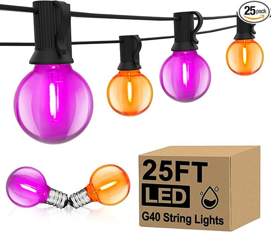 25FT Outdoor Halloween String Lights, G40 Outdoor Halloween Decorations Light with 27 LED Shatterproof Orange Purple Globe Lights(2 Spare), Hanging Patio Lights for Holiday Balcony Backyard Party-CubbioJoy