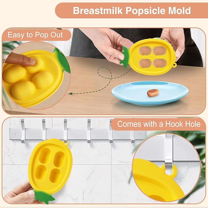 Baby Fruit Food Feeder - Silicone Nibble Tray Combo - Breastmilk Popsicle Mold for Cooling Relief, BPA Free Mesh Feeder for Infant Self Feeding (Monkey Pink + Pineapple)-CubbioJoy