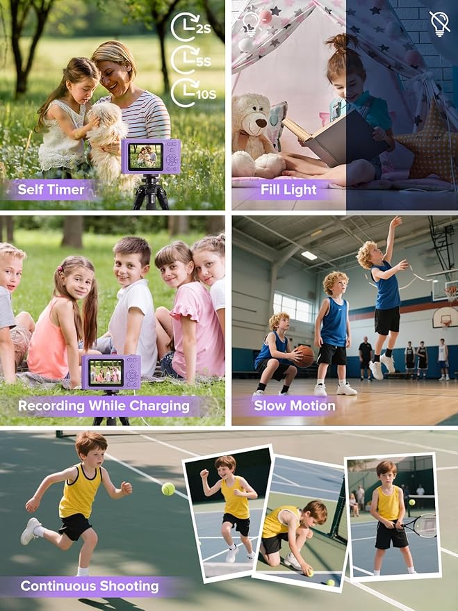 Digital Camera, Kids Camera1080P, Vlog Camera with 64GB Card, 16X Zoom Anti Shake, Card Reader, 44MP Compact Portable Small Point Shoot Digicam Gift for Kid Student Children Teen Girl Boy(Pruple)-CubbioJoy
