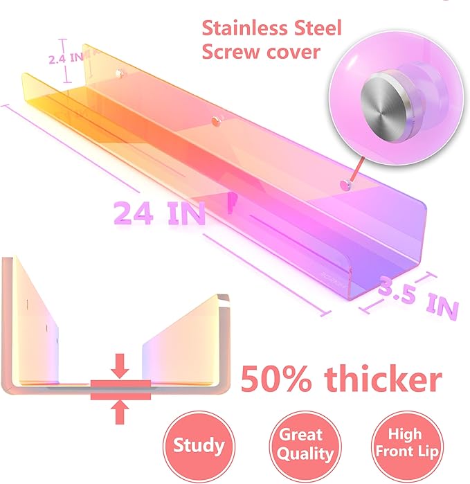 24 inches Iridescent Acrylic Bookshelf, Wall Mounted Display for Kids Room, Nursery, Toddler, Classroom (2 Packs)-CubbioJoy