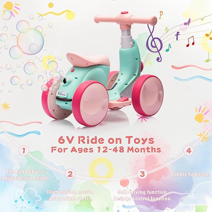 6V Electric Baby Balance Bike for 1 Year Old Boys Girls Ride on Toys 12-48 Months Toddler Balance Bike, 4 Wheels Kids First Bike with Remote Control First Birthday Gifts- Green&Red-CubbioJoy
