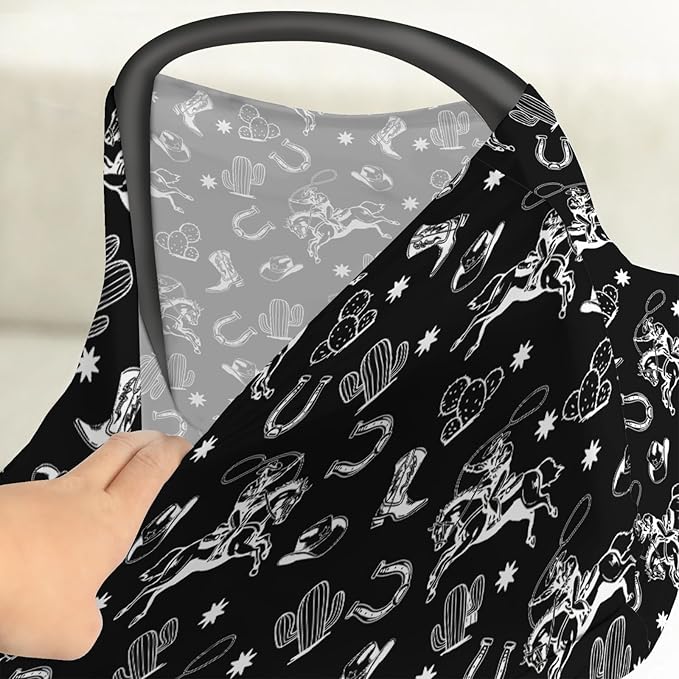 Country Western Car Seat Cover for Baby Cowboy Hat Boots Horse Cactus Stretchy 5-in-1 Covers Adjustable Car Canopy Breastfeeding Cover Wild West Desert Breathable Nursing Cover-Up-CubbioJoy