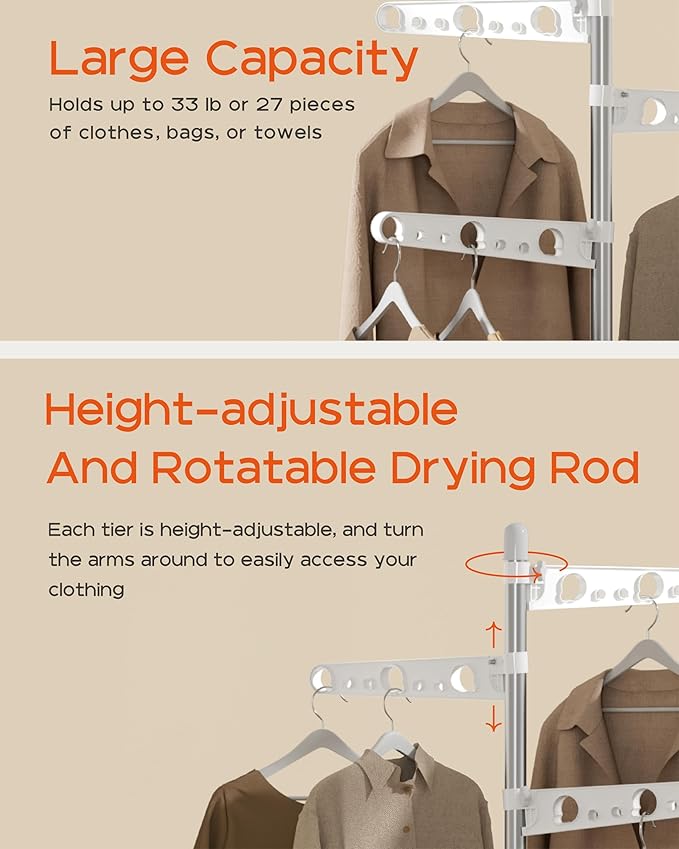Clothes Drying Rack Foldable, 70.9 inch Tripod Drying Rack for 35 Pieces of Clothes, with Height-Adjustable Rotatable Clothes Rails, Space Saving, Stainless Steel, White and Silver CDR005W01-CubbioJoy