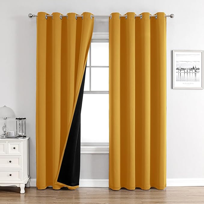 ChrisDowa 100% Blackout Curtains 108 inch Long for Bedroom with Black Liner, 2 Thick Layers Total Blackout Thermal Insulated Grommet Window Curtains 2 Panels Set (Mustard Yellow, 52 x 108 Inch)-CubbioJoy