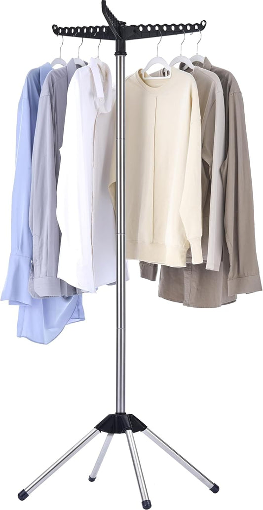 Clothes Drying Rack Foldable, 59 inch Tripod Laundry Drying Rack Indoor with Rotating Clothes Rail for 27 Pieces of Clothes, Space Saving, Stainless Steel, Black and Silver CDR001B01-CubbioJoy