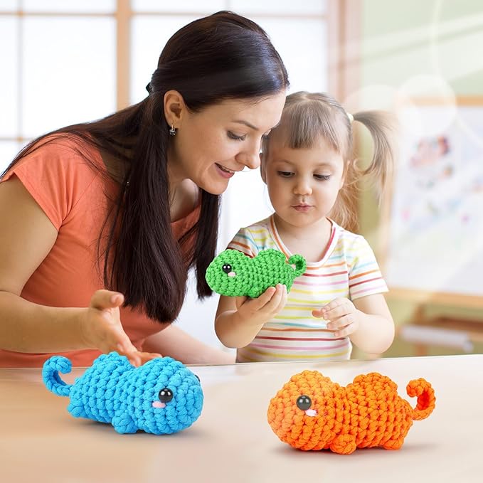 Crochet Kit for Beginners - 3 PCS Baby Chameleon Crochet Kits with Step-by-Step Video Tutorials, Beginner Crochet Kit for Adults Kids, Chameleon Crocheting Set (Orange&Blue&Green)-CubbioJoy