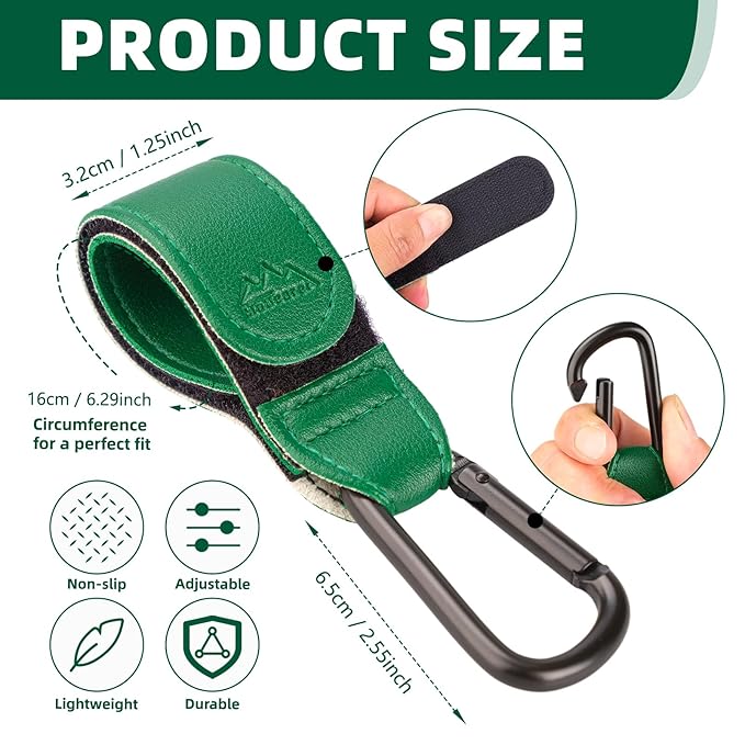Baby Stroller Hooks Bag Hooks for Hanging Diaper Bags Multipurpose Hooks for Grocery Shopping Bags Premium Vegan Leather Pram Straps 2 Pcs (Green)-CubbioJoy