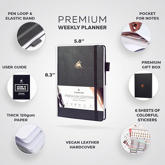 Clever Fox Planner Premium Edition – Undated Luxurious Weekly & Monthly Planner to Increase Productivity and Hit Your Goals – Organizer – Start Anytime, A5, Lasts 1 Year, Silver Black (Weekly)-CubbioJoy