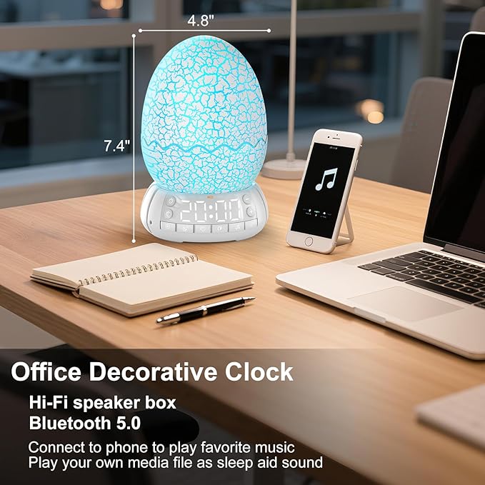 Dinosaur Alarm Clock with Wake Up Light, Digital Clock on Desk + 8 Colors Night Light + 20 Sleep Training Sound + Bluetooth Speaker All in 1 for Kids/Boys/Girls/Adult (Dinosaur)-CubbioJoy