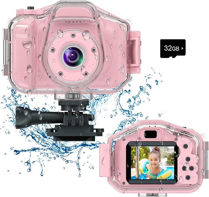 Agoigo Kids Waterproof Camera - Children Underwater HD Video Digital Camcorder, Portable Travel Toy for Toddler - Ideal Christmas Birthday Gifts for Boys Girls Age 3-12 with 32GB Card (Pink)-CubbioJoy