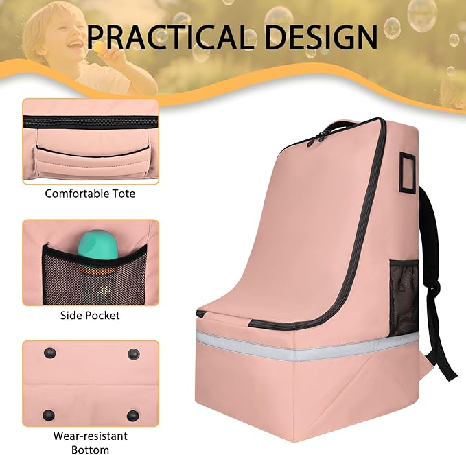 Car Seat Travel Bag for Airplane,Infant Seat Travel Bag with Shoulder Strap,Padded Car Seats Backpack with Reflective Stripes,Large Carseat Carrier Bag Travel Car Seat Cover,Flesh Pink-CubbioJoy
