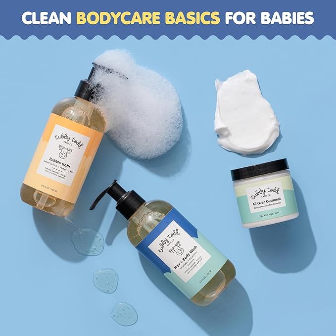 TUBBY TODD Essentials Baby Bath Gift Set – 8.5oz Hair+Body Wash, 8.5oz Bubble Bath & 3.5oz All Over Ointment-CubbioJoy