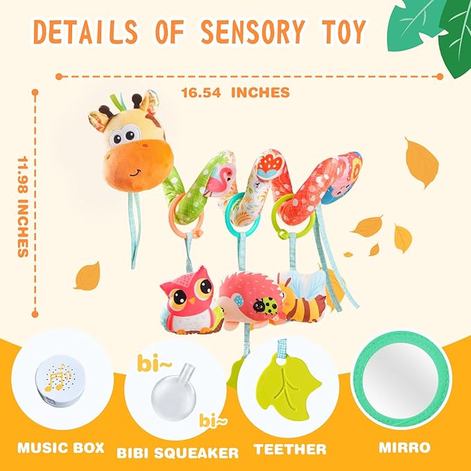 Jollybaby Crib Stroller Car Seat Toys for Baby 0-3-6-9-12 Months, Tummy Time Hanging Sensory Toys for Newborn with Music Box and Teether, Spiral Carseat Toy for Infant Boys Girls Gifts (Yellow)-CubbioJoy