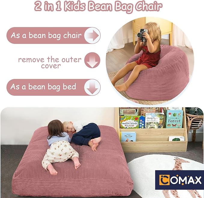COMAX Kids Bean Bag Chair Turn into Beanbag Bed, Toddler Bean Chair Corduroy for Girl Boy Sleeping, Lazy Children Bean Bags with Filler, Convertible Child Floor Mattress, Light Pink-CubbioJoy