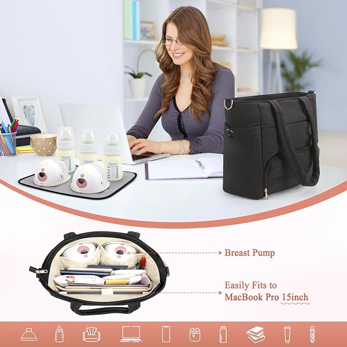 Diaper Bag Tote for Working Mom, Breastmilk Cooler Bag with Insulated Compartment, Breast Pump Tote Bag with Ice Pack for Cooler & 15‘’ Laptop Sleeve, Baby Bottle Cooler bag for Nursing, Work, Travel-CubbioJoy