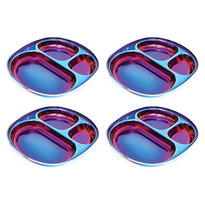 Ahimsa Stainless Steel Plates for Kids - Divided Plates for Toddlers, Pediatrician Designed, Non Toxic Toddler Plate, BPA Free & Dishwasher Safe (Blue Set of 4)-CubbioJoy