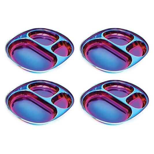 Ahimsa Stainless Steel Plates for Kids - Divided Plates for Toddlers, Pediatrician Designed, Non Toxic Toddler Plate, BPA Free & Dishwasher Safe (Blue Set of 4)-CubbioJoy