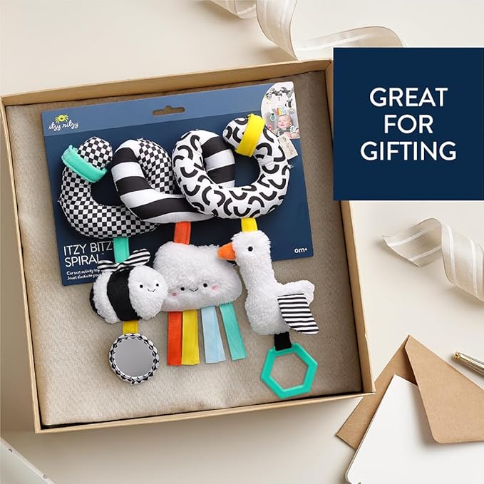 Itzy Ritzy Spiral Car Seat & Stroller Activity Toy - Stroller & Car Seat Toys for Ages 0 Months and Up - Hanging Toys Include Dangling Ring, Mirror and Textured Ribbons (High Contrast)-CubbioJoy