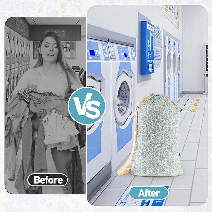 College Laundry Bag, Dirty Clothes Laundry Bag With Drawstring Handles For College Dorm Laundromat Apartment Travel Camp 29" X 18" Women Girls Back To School Birthdays Gift, Blue Florals-CubbioJoy