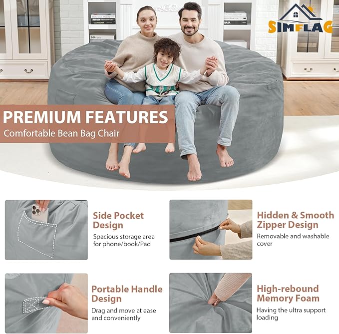 6FT Bean Bag Chair, Large Bean Bag Chairs with Memory Foam Filled, Fluffy Beanbag Sofa with Dutch Velvet Cover, Round BeanBag Chairs for Living Room, Playroom - Light Grey-CubbioJoy