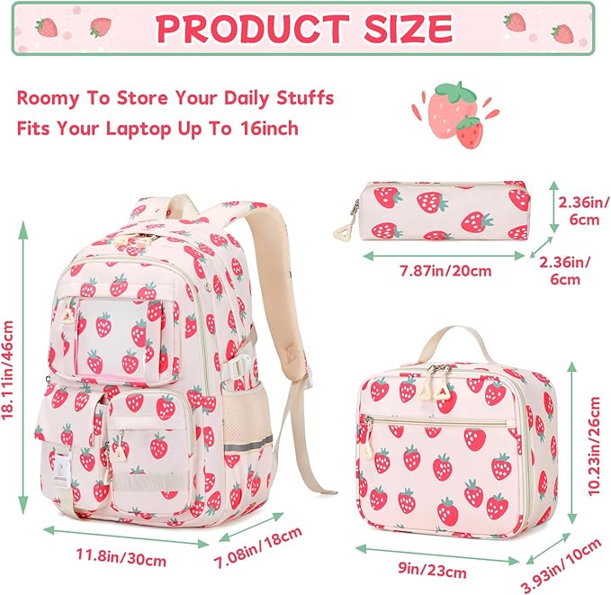 Backpack for Girls 3pcs Set Kids Backpack with Lunch Box Students Kawaii Book Bag for Elementary Primary Middle School Bags - Ita Backpack - Strawberry-CubbioJoy