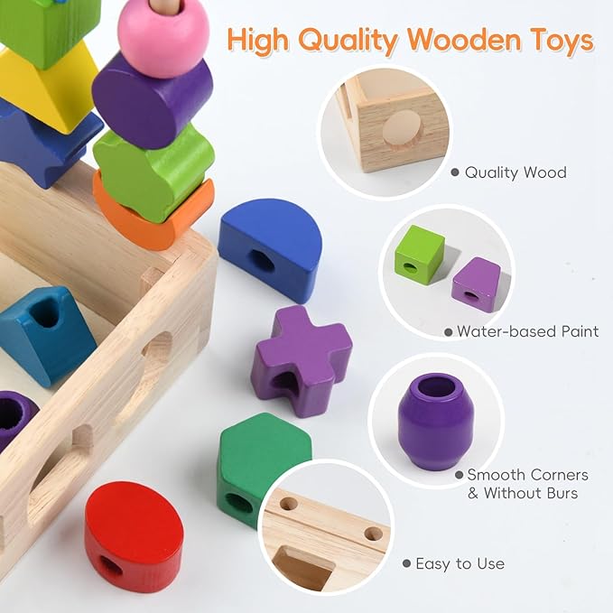 3 in 1 Wooden Color Sorting Stacking Toys, Montessori Toys Geometric Shape Sorter Matching Lacing Beads Sequencing Toy Set Preschool Learning Fine Motor Skills for Toddlers 3 4 5 Years-CubbioJoy