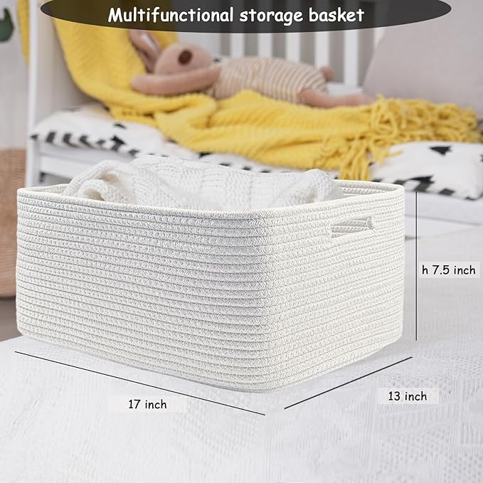 COMFY-HOMI Cotton Rope Woven Basket with Handles for Shelves,Toys,Book, Cloth Storage Baskets for Organizing-17" x 13" x 7.5" Toy Decorative Organizer for Living Room, Bathroom （All White）-CubbioJoy