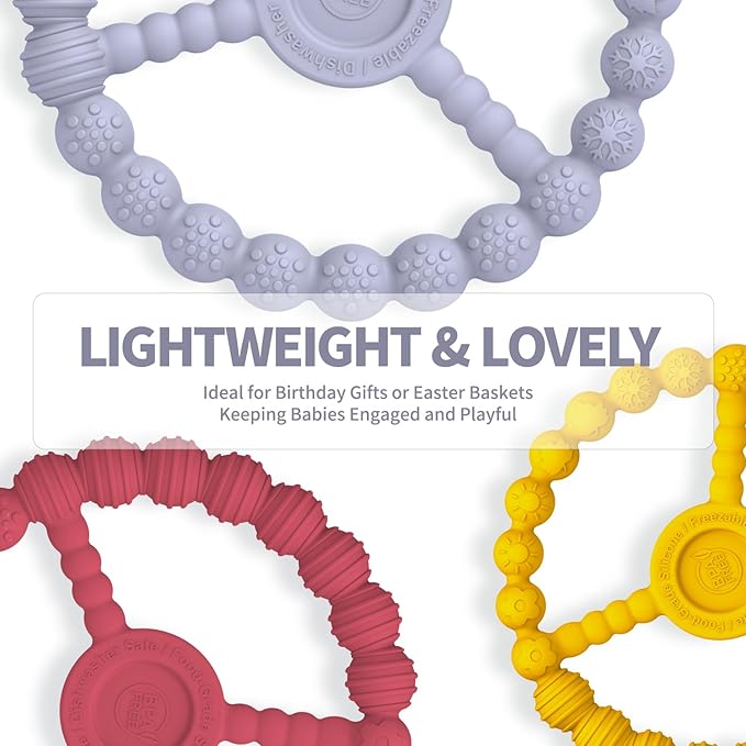3 Pack Baby Teething Toys 3-6 Months, Silicone Ring Teethers for Babies 6-12 Months, Freezer Safe Chew Toy with Textured Grip for Boys Girls Teething Relief, Infant Easter Gift (Lavender Yellow Red)-CubbioJoy