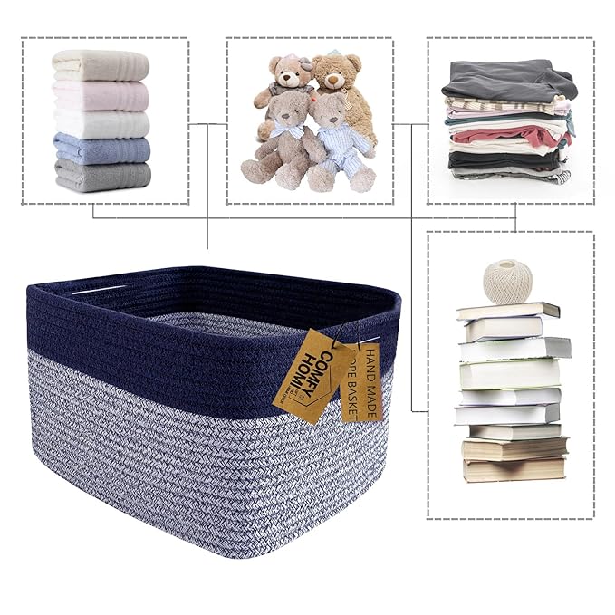 COMFY-HOMI 3PACK Rectangular Cotton Rope Basket With Handles for Shelves|Dog Toy|Baby Gift - Dark Blue (13.5" x 11" x 9.5")-CubbioJoy