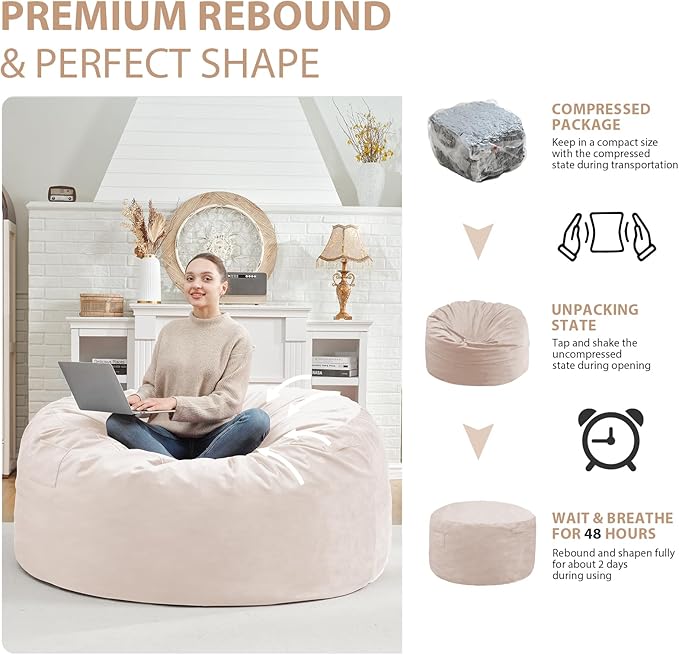 4FT Bean Bag Chair, Large Bean Bag Chairs with Memory Foam Filled, Fluffy Beanbag Sofa with Dutch Velvet Cover, Round BeanBag Chairs for Living Room, Playroom - Beige-CubbioJoy