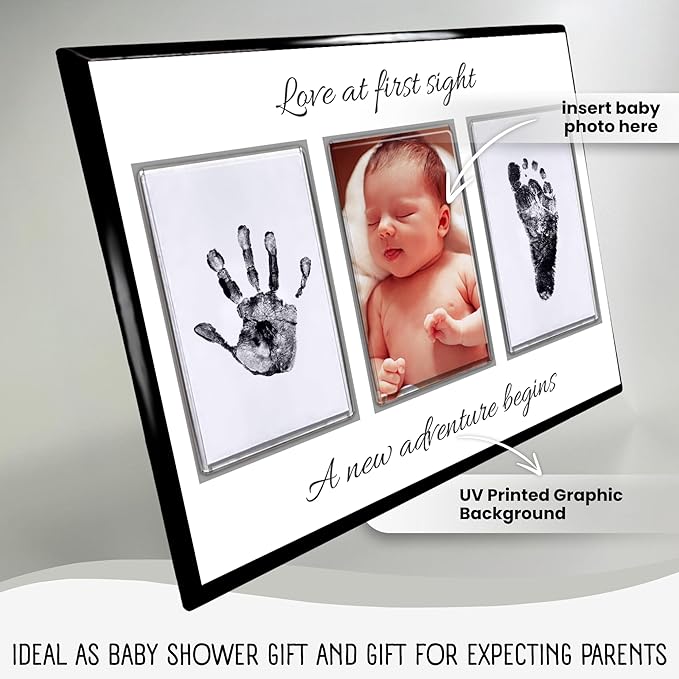 Baby Hand and Footprint Kit with Photo & Birth Details, Inkless Hand and Footprint Kit, Newborn Keepsake Plaque, Baby Shower Gifts (STYLE 2 (Baby Shower) (Love At First Sight))-CubbioJoy