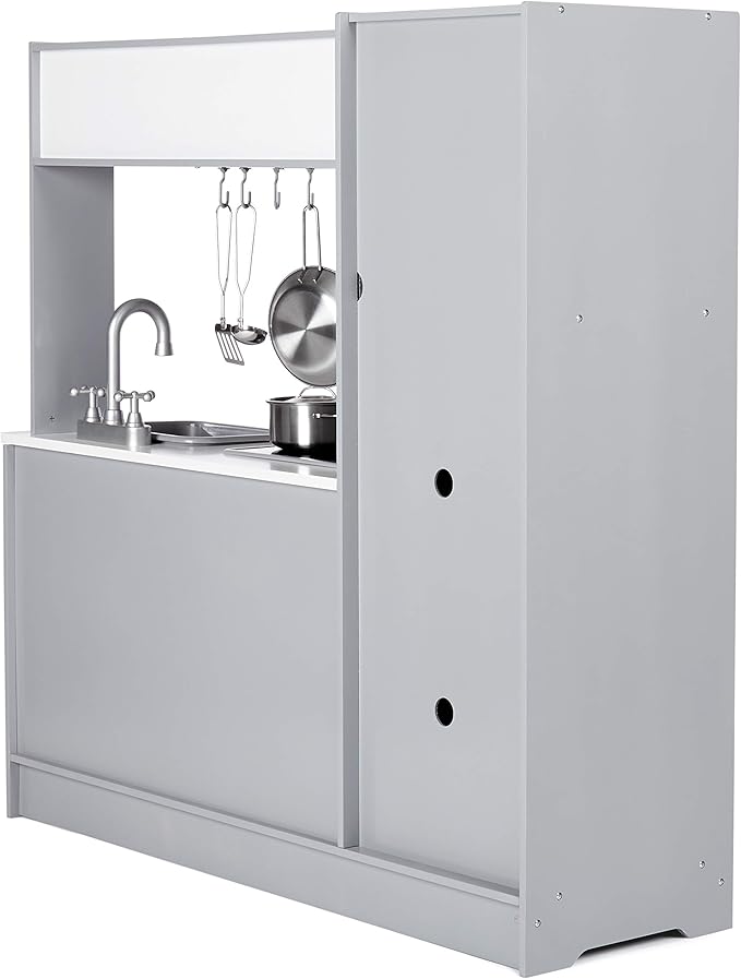 Amazon Basics Kids Kitchen Set, Play Kitchen Toy Playset for Toddlers, Preschoolers, 39"L x 11.8"W x 39"H, White & Gray-CubbioJoy