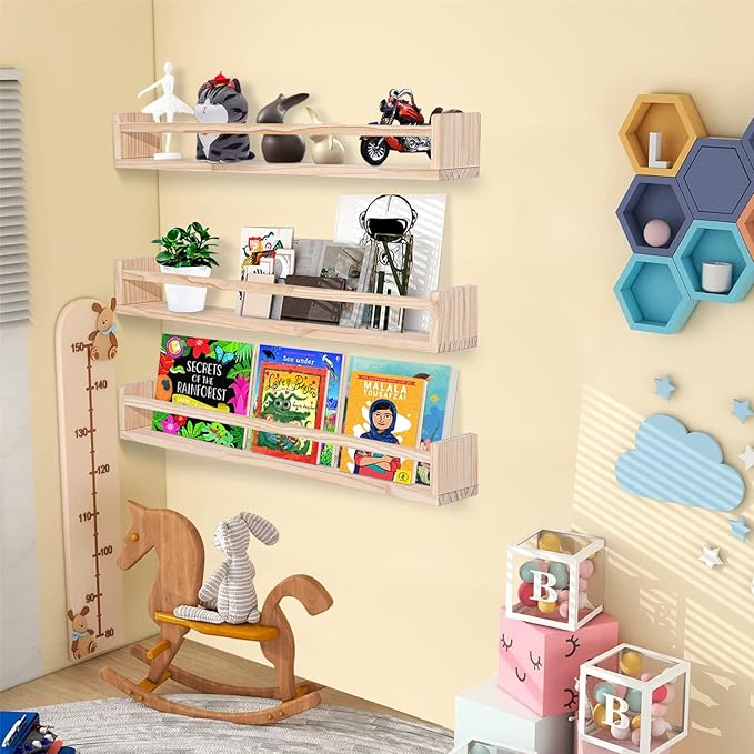 AZSKY Natural Wood Nursery Shelves Floating Wall Book Shelves Nursery Kids Baby Toddler Room Décor 36 in Bookshelf for Toy Picture Display a Set of 3 Same Sizes-CubbioJoy