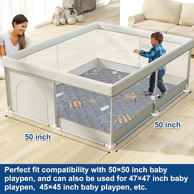 Baby Play Mats for Floor, Thick 50x50 Inch Crawling Mat for Playpen,Foam Playmats for Babies and Toddlers Infants, Foldable and Machine Washable(Grey)-CubbioJoy