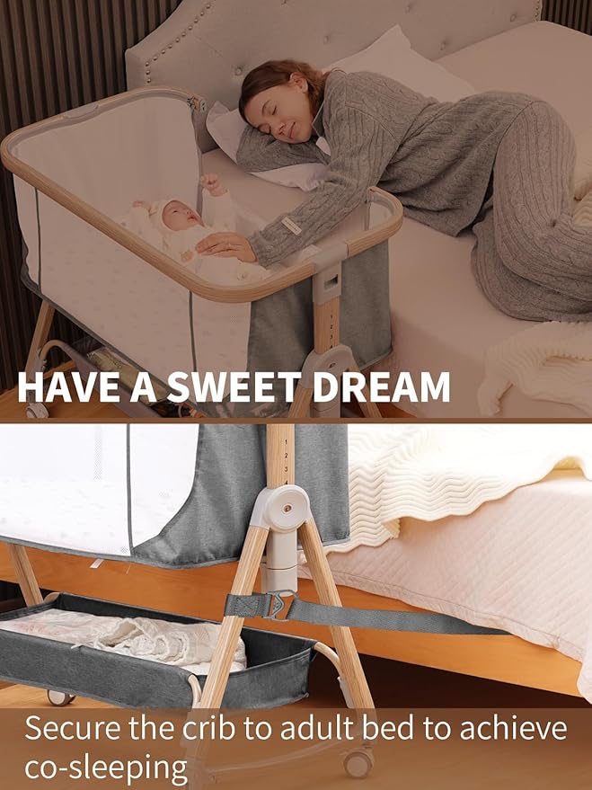 Baby Bassinet Bedside Sleeper - 3 in 1 Bassinets with Waterproof Sheets, Soft Mattress and Breathable Mesh, Adjustable Height Bedside Bassinet for Baby with Wheels, Storage Basket, Gray-CubbioJoy