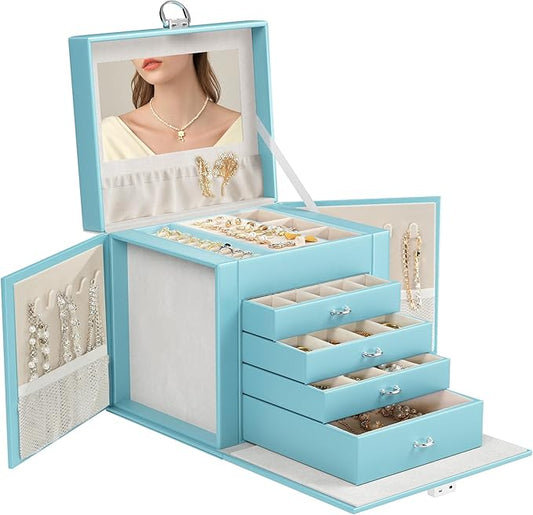 5-Layer Jewelry Box with 4 Drawers, Huge Portable Jewelry Organizer with Lock and Mirror for Women, for Necklace Ring Earring Bracelet Storage, Lockable Jewelry Case, Blue-CubbioJoy