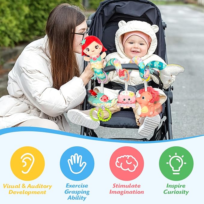 Carseat Toys Hanging Car Seat Toys for Babies 0-6 Months Boy Girl, Mermaid Stroller Toy Newborn Infant Sensory Baby Toy 0-6 Months with Music Rattle Teether, Gift for 0 3 6 9 12 Months-CubbioJoy